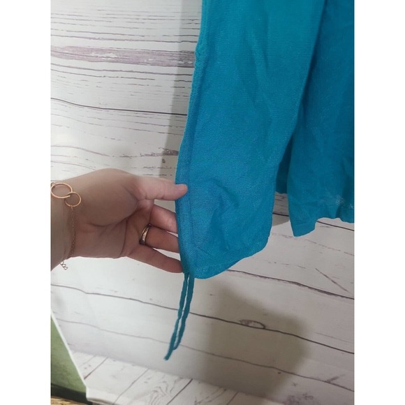 Chico's Turquoise Linen Blend Cinched Sleeve Cardigan Sweater Womans Size Large - Picture 4 of 5